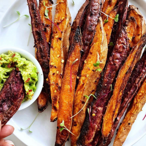 Roasted Sweet Potato Fries with Avocado Dip