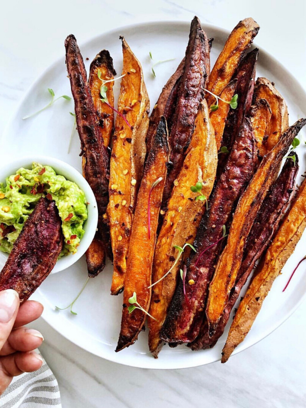 Roasted Sweet Potato Fries with Avocado Dip