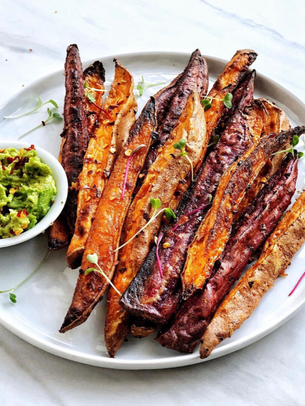 Roasted Sweet Potato Fries with Avocado Dip