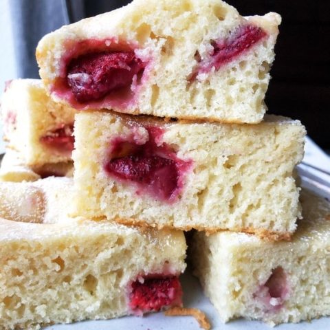 strawberry bubble cake squares on a plate